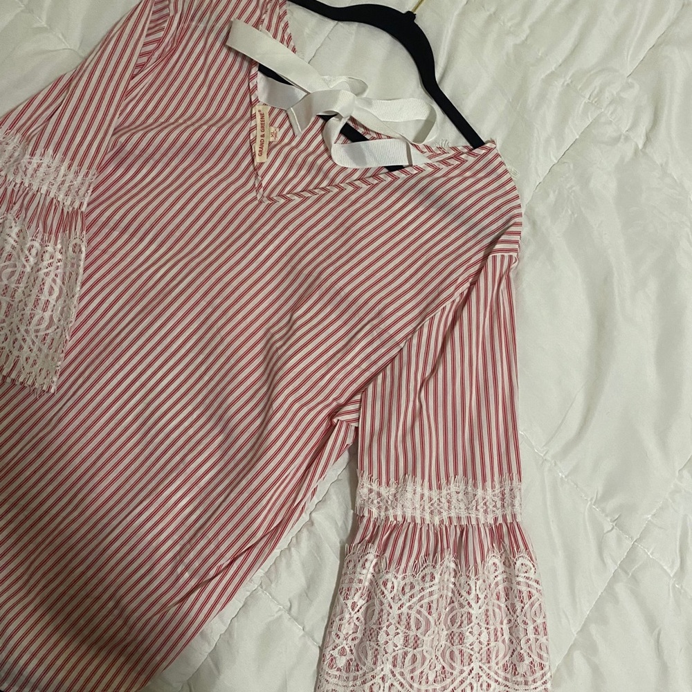 Red Striped Lace Detail Blouse